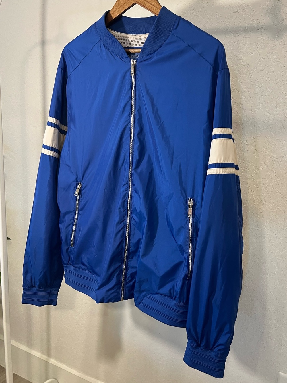 Zara Man Royal Blue Varsity Sleeve Full-Zip Bomber Jacket Size XL